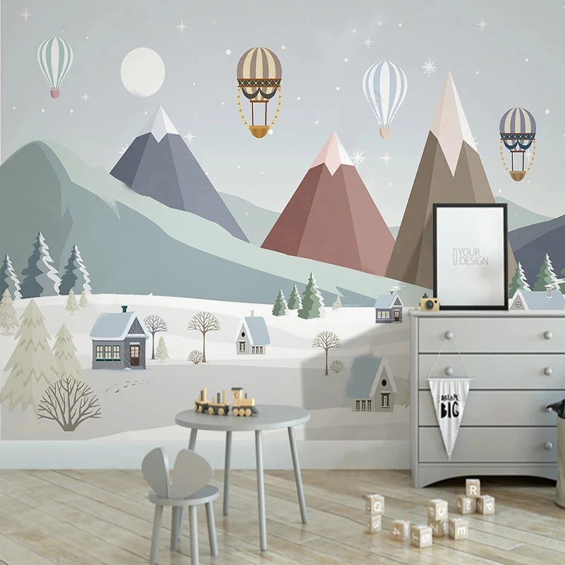 Geometric Mountain Village and Balloons Wall Mural Wallpaper