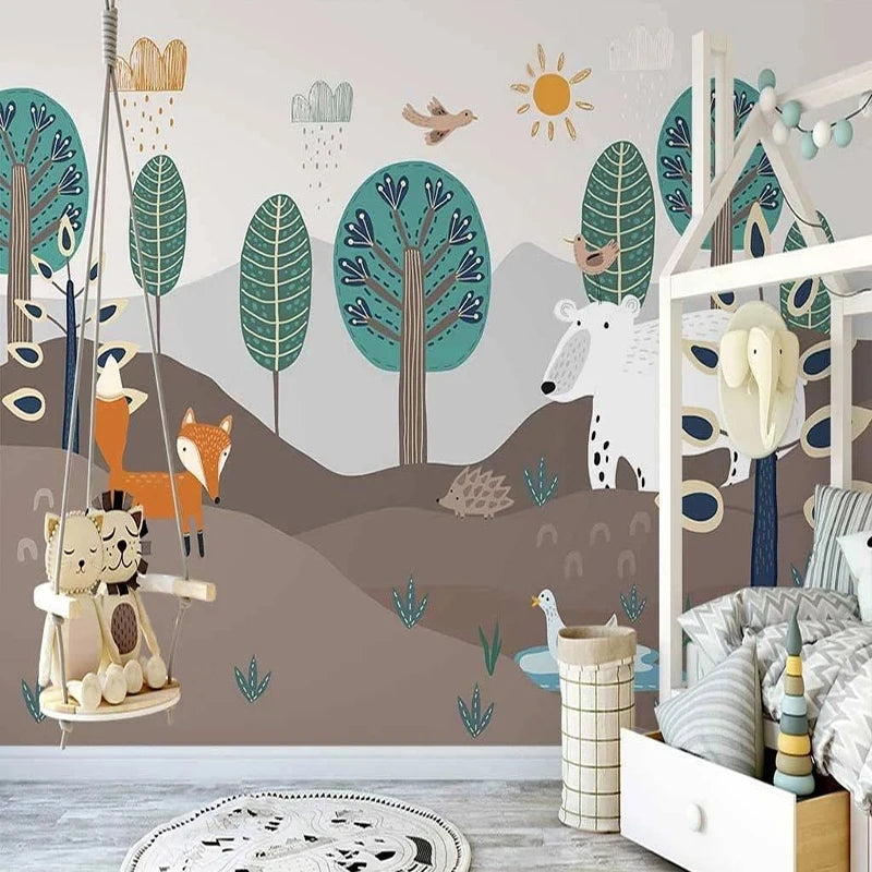 Layered Forest Landscape with Fox and Bear Wall Mural Wallpaper