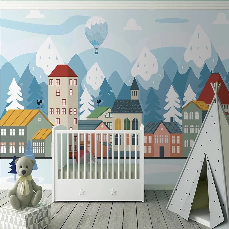 Mountain Town Hot Air Balloon Kids Room Wall Mural Wallpaper