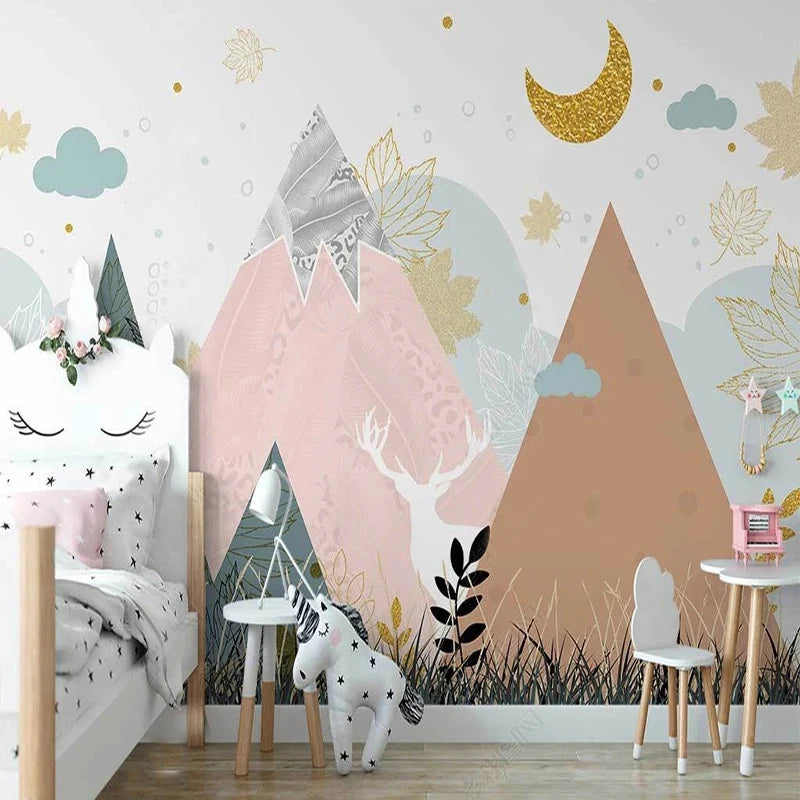 Textured Mountain Peaks with Golden Moon Wall Mural Wallpaper