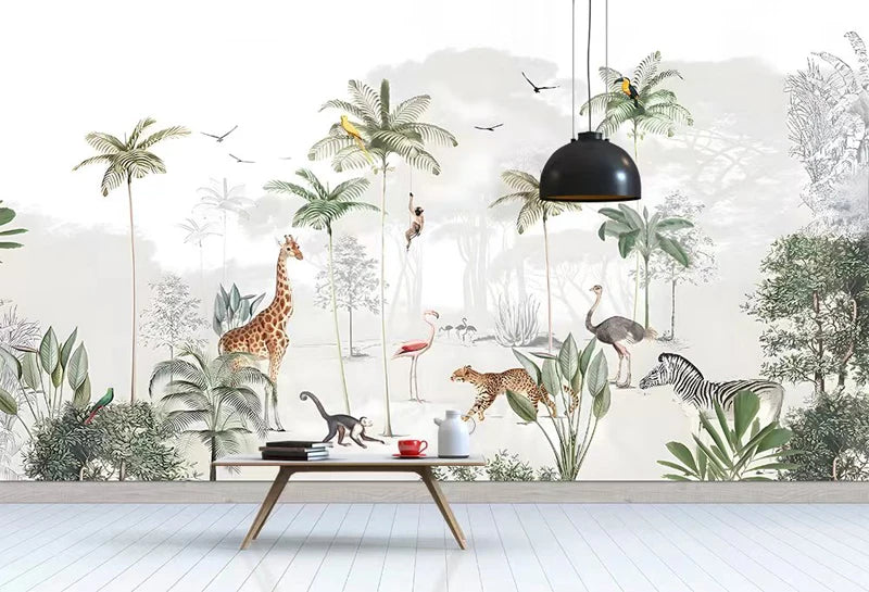 Light Background Palm Trees and Animals Wallpaper Mural
