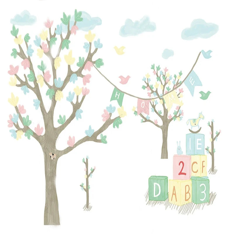 Flowering Trees with Home Banner Wall Mural Wallpaper