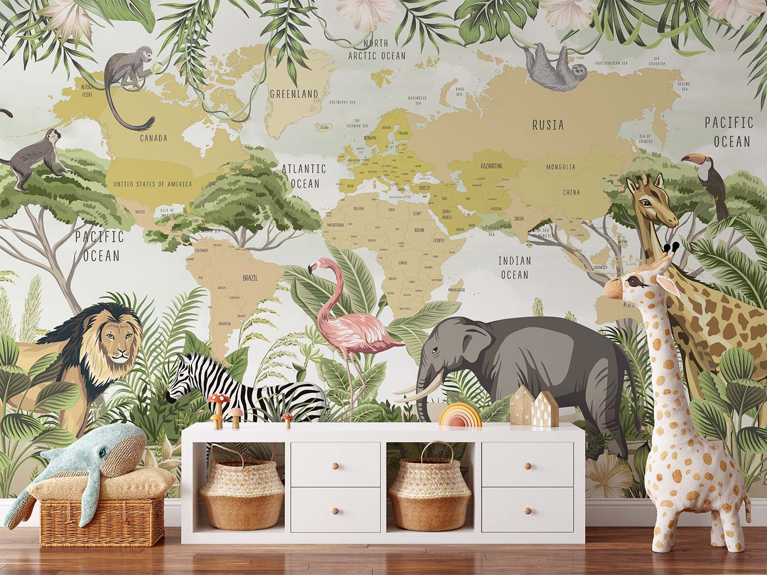 Safari Animals Ocher World Map Wallpaper Mural