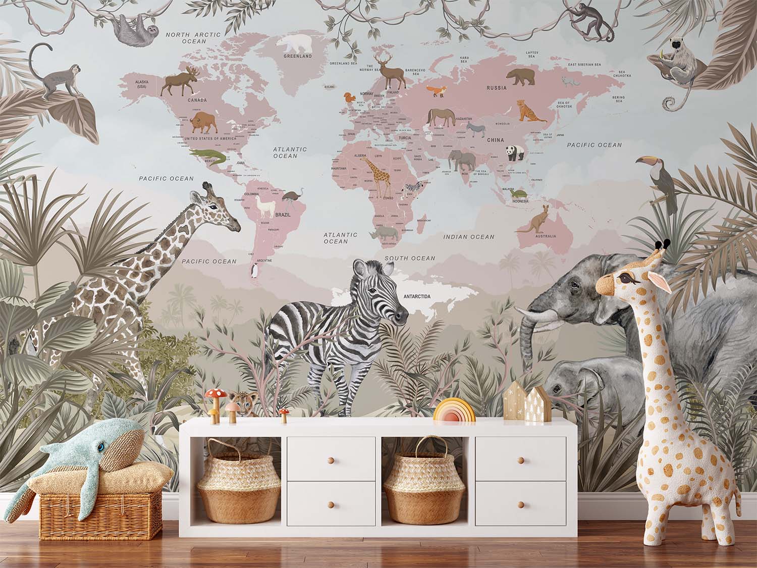 Safari Animals Pink World Map Wallpaper Mural