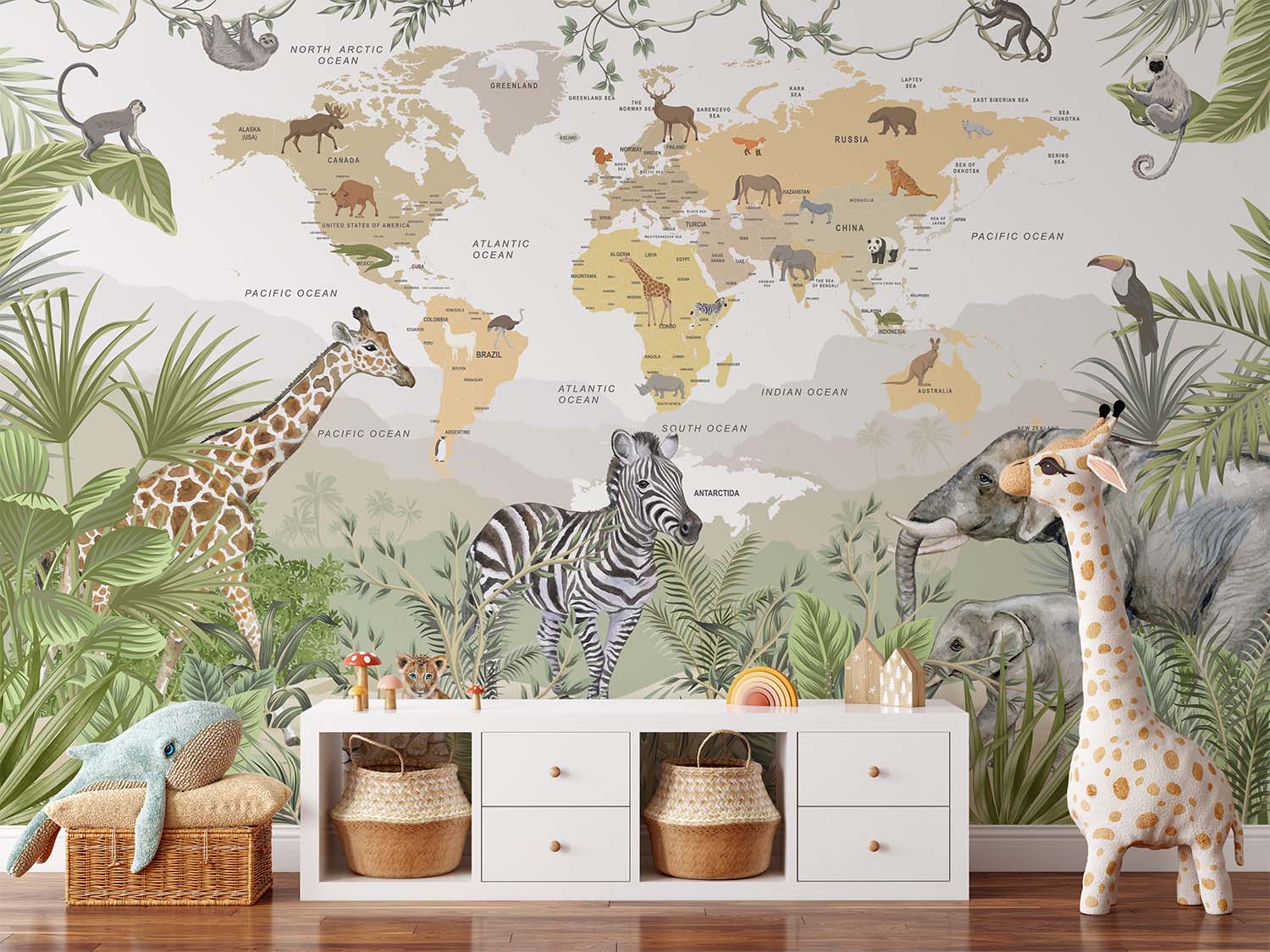 Safari Animals Yellow World Map Wallpaper Mural