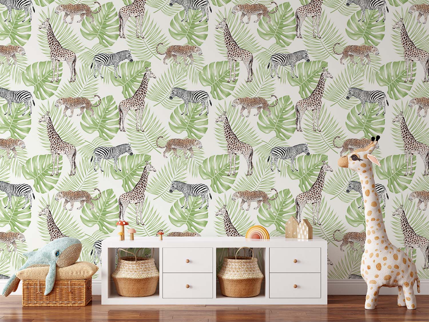 Safari Animals on Tropical Leaves Seamless Wallpaper