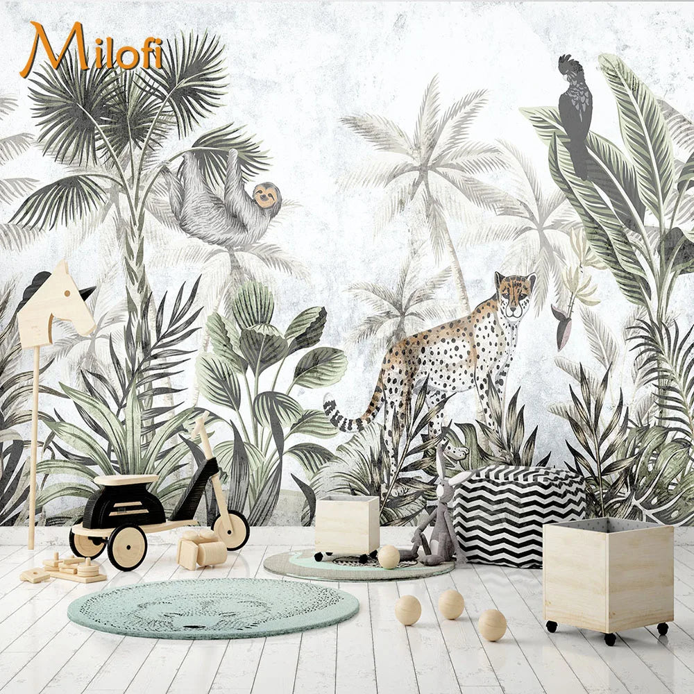 Lightcolors Rainforest Plants Sloth And Leopard Wallpaper Mural