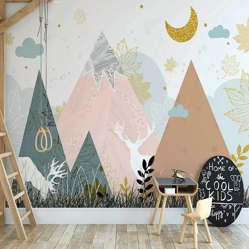 Textured Mountain Peaks with Golden Moon Wall Mural Wallpaper