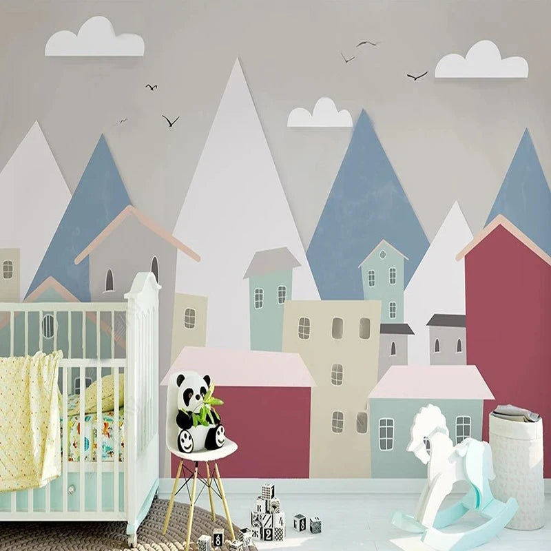 Geometric Mountainscape with Pastel Townhouses Wall Mural Wallpaper