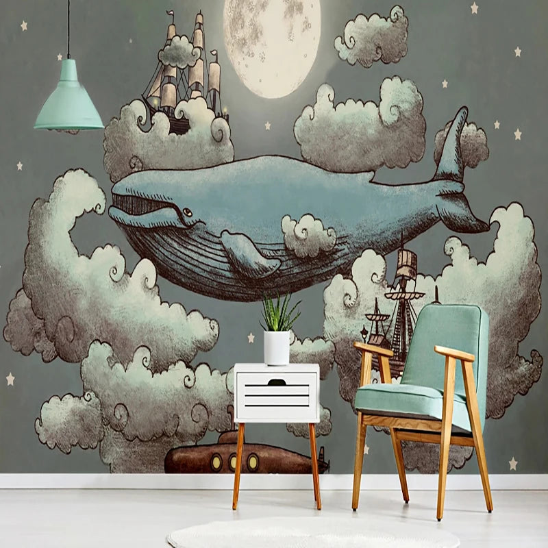 Celestial Whale and Sailing Ships Among Cloud Formations Wall Mural Wallpaper