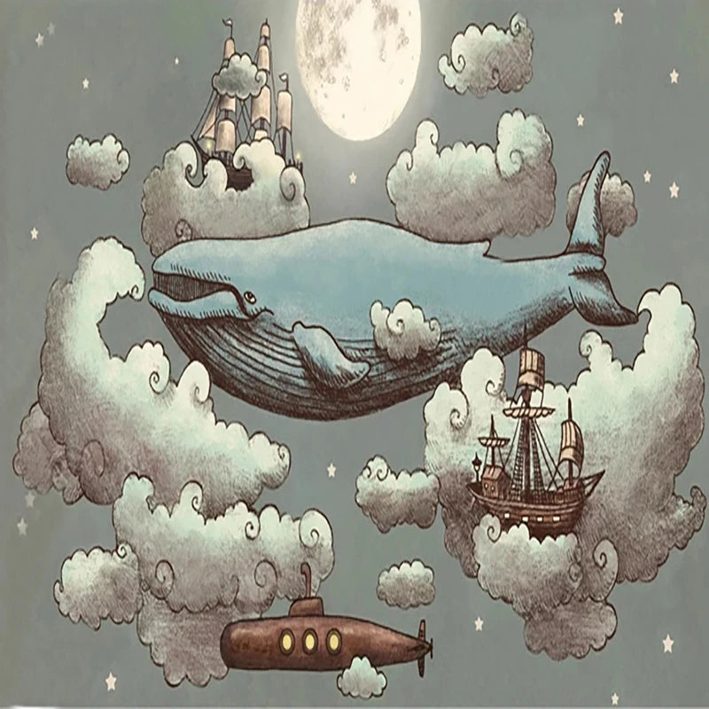Celestial Whale and Sailing Ships Among Cloud Formations Wall Mural Wallpaper