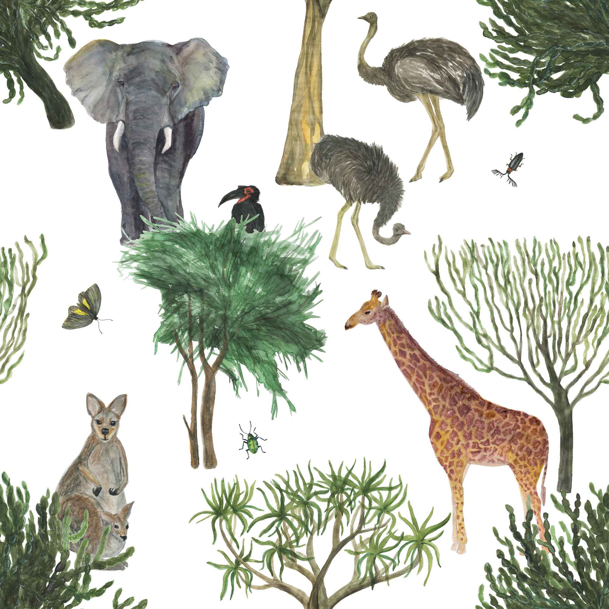 Tropical Cangaroo Elephant Giraffe Seamless Wallpaper