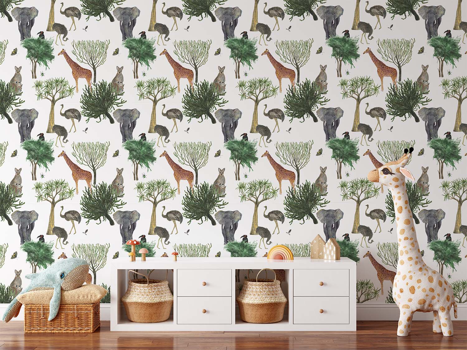 Tropical Cangaroo Elephant Giraffe Seamless Wallpaper