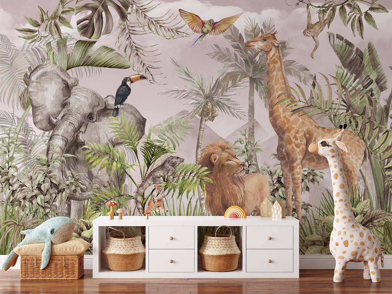 Tropical Wildlife Animals Jungle & Safari Pink Sky Wallpaper Mural