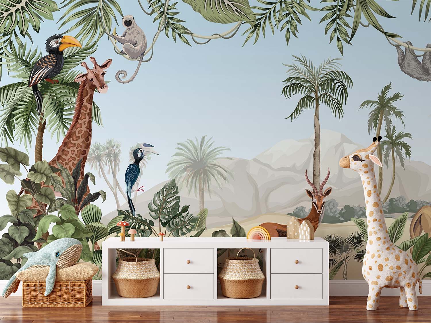 Tropical Wildlife Animals and Mountains Wallpaper Mural