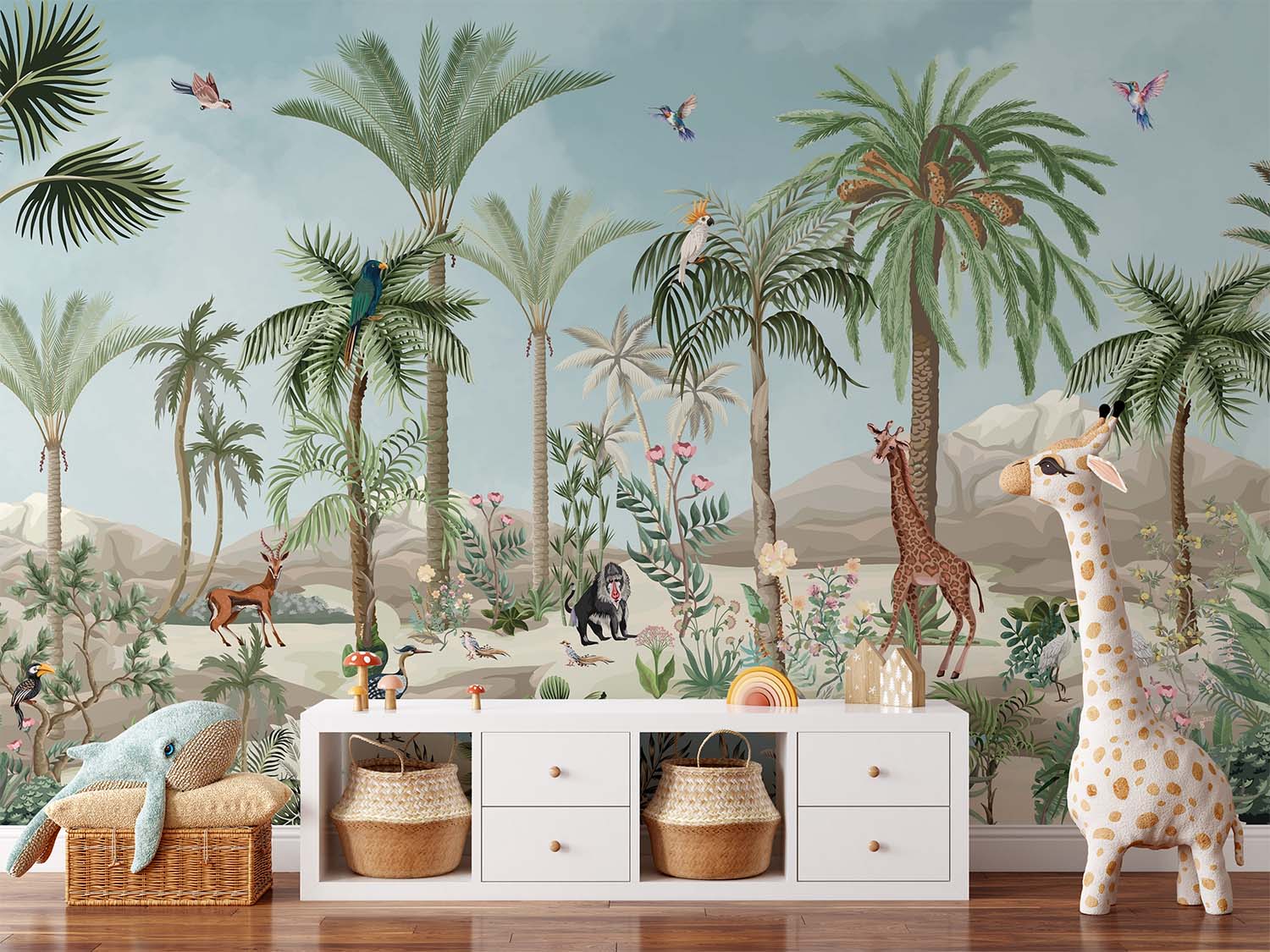 Tropical Wildlife Mountains and Pond Wallpaper Mural