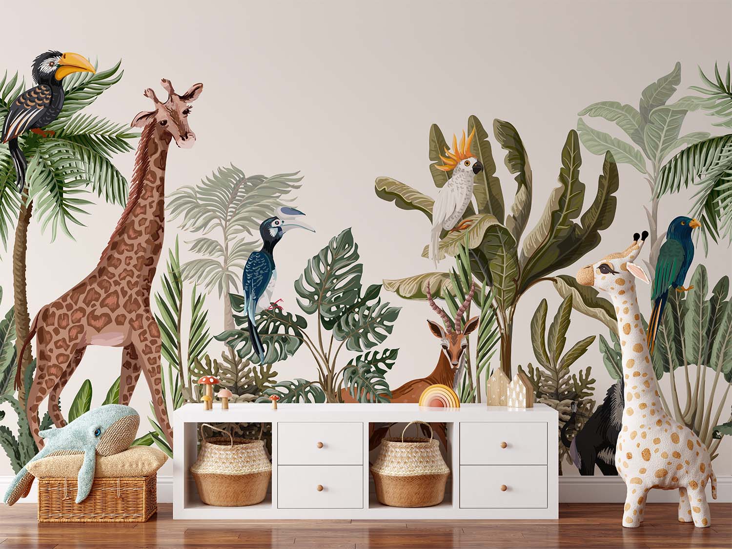 Vibrant Animals and Tropical Plants White Background Wallpaper Mural