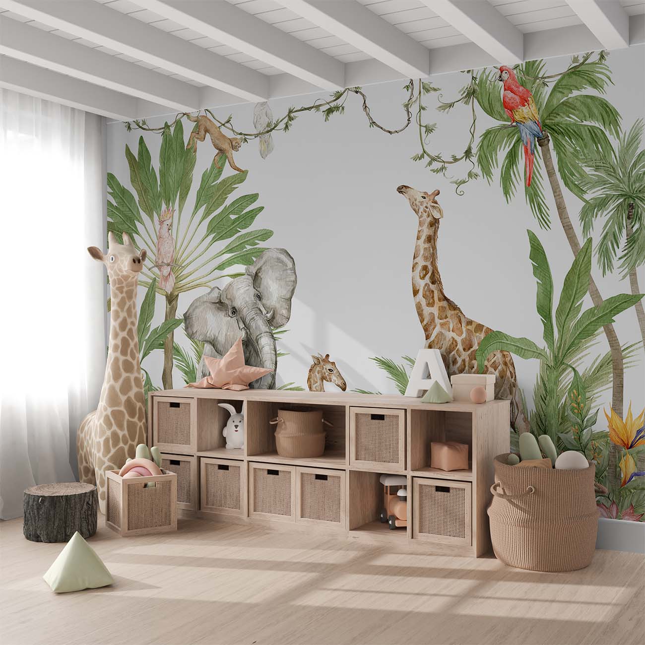 Vibrant Watercolor Jungle Safari Animals Wallpaper Mural