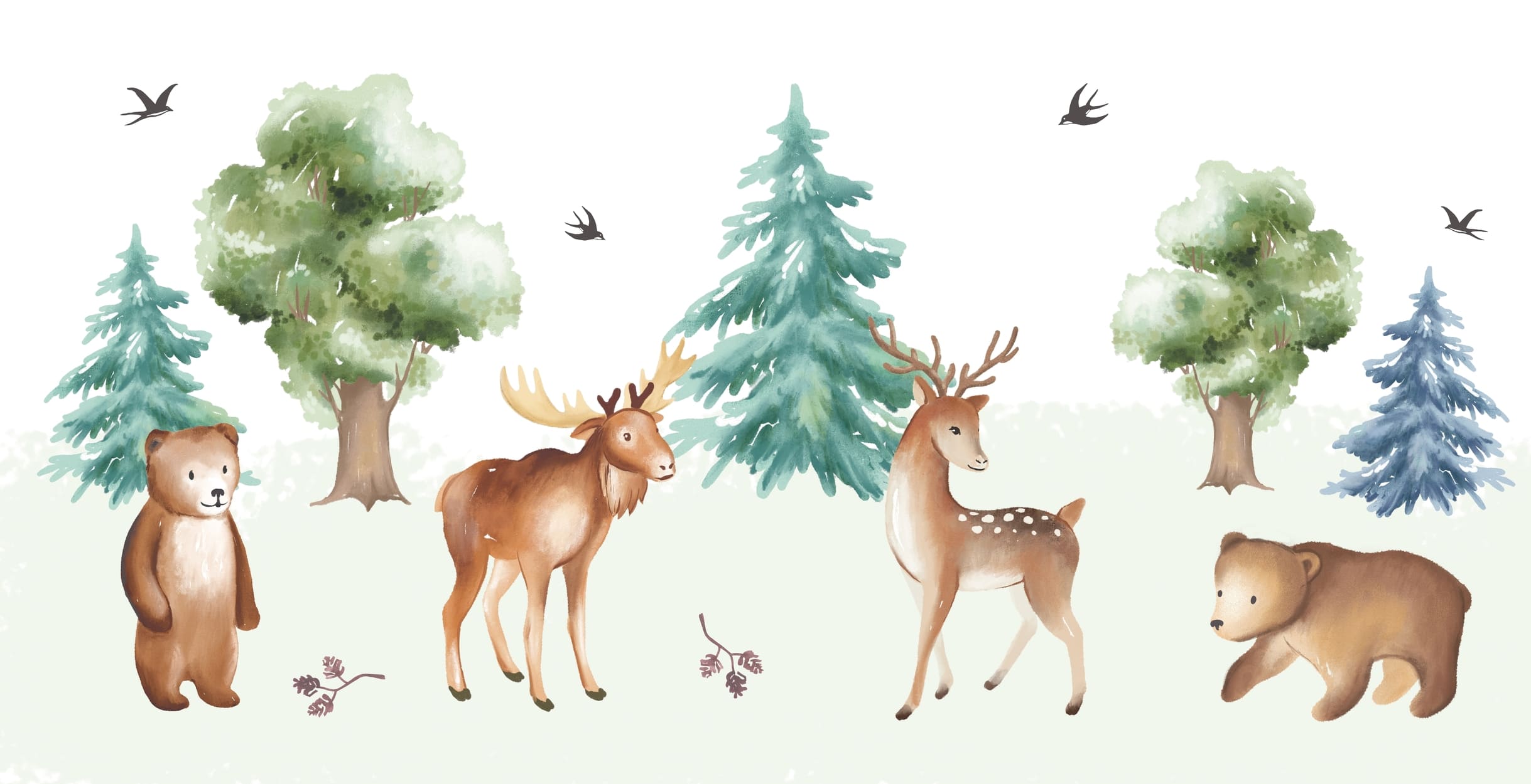 Watercolor Deer and Bears Forest Scene Wall Mural Wallpaper