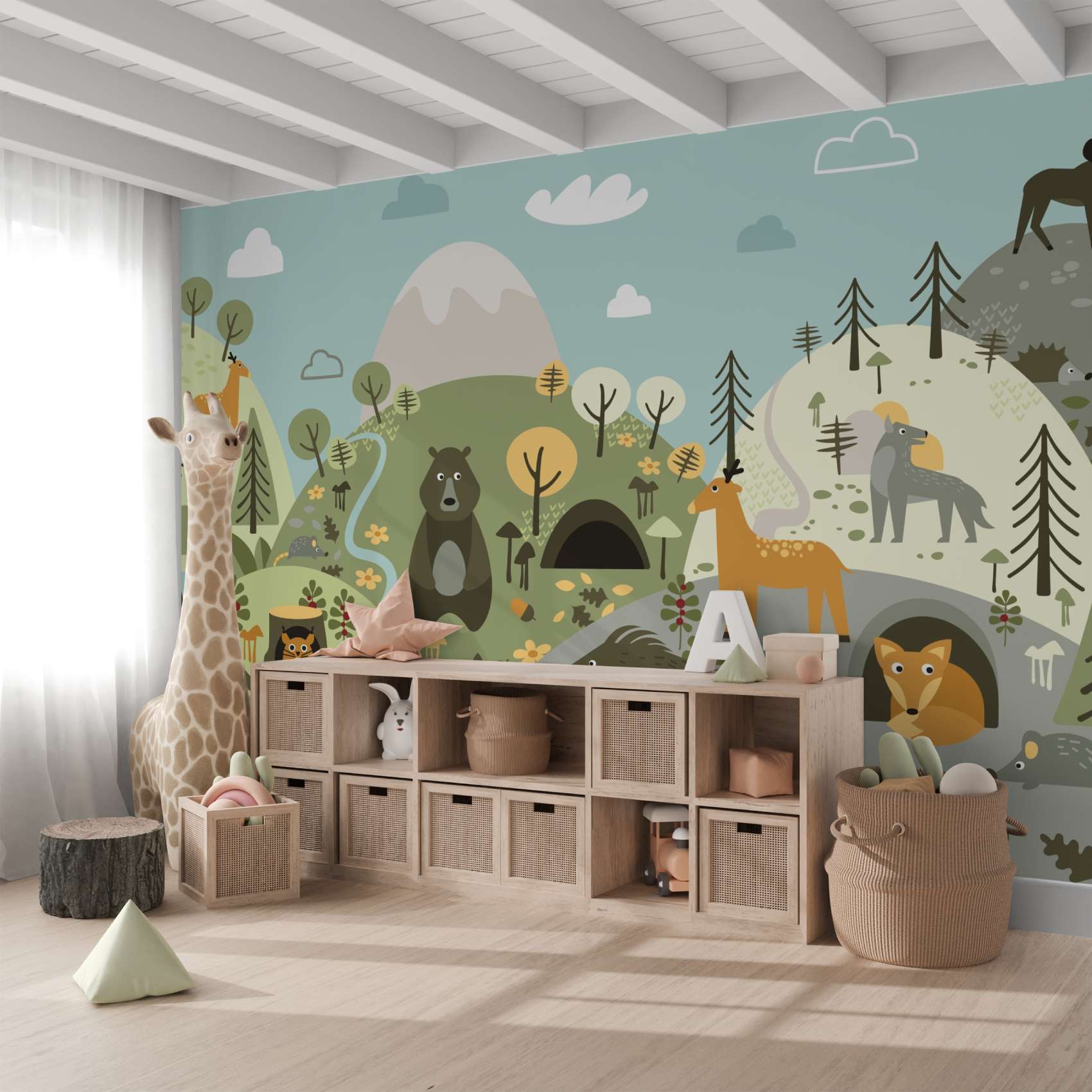 Whimsical Forest Animals with Hills Wall Mural Wallpaper