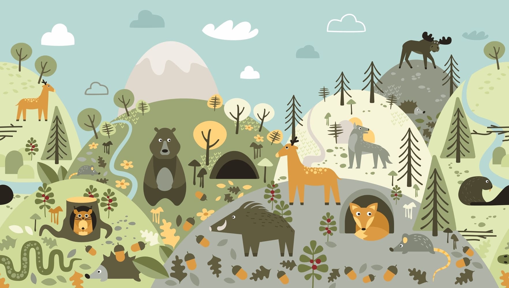 Whimsical Forest Animals with Hills Wall Mural Wallpaper