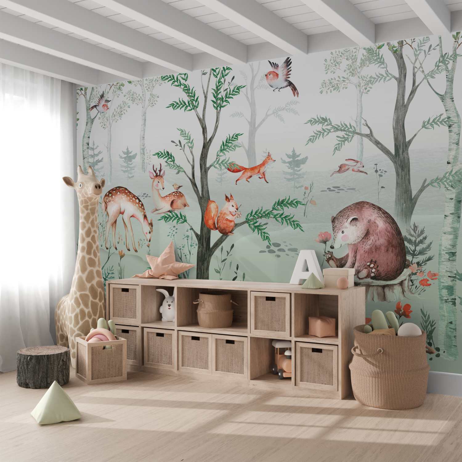 Woodland Creatures in Misty Forest Nursery Wall Mural Wallpaper