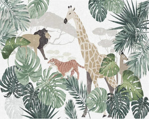Painted Tropical Plants Animals Wallpaper Mural