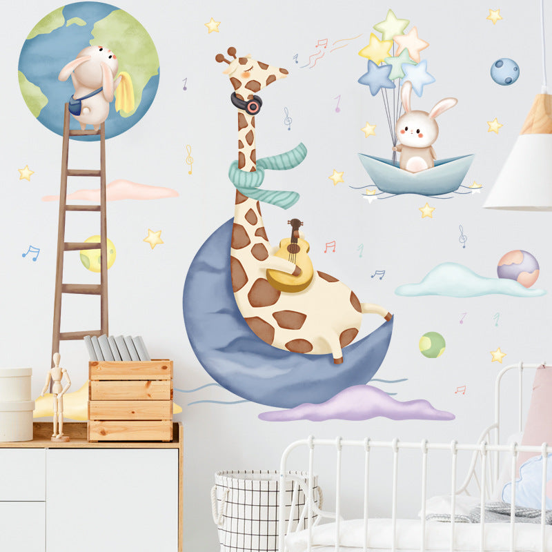 Cartoon Wall Decals Earth and Moon Giraffe