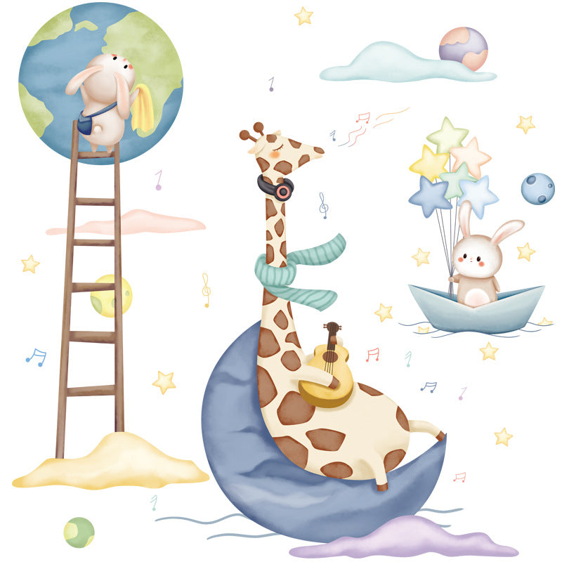 Cartoon Wall Decals Earth and Moon Giraffe