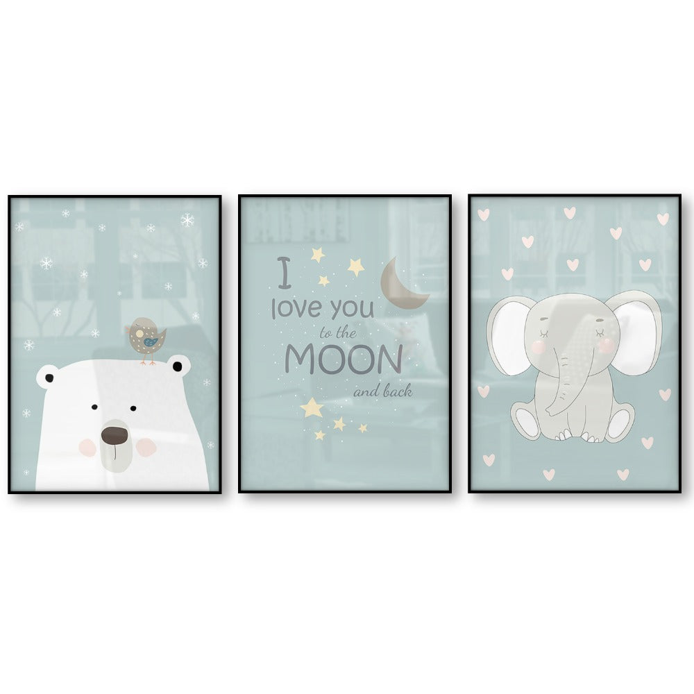 Cartoon Polar Bear Bird Elephant I Love You Moon Back Wall Art Poster