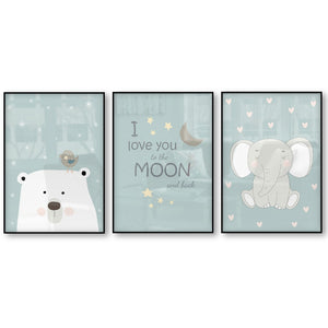 Cartoon Polar Bear Bird Elephant I Love You Moon Back Wall Art Poster