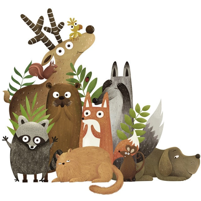 Cartoon Wall Decal Forest Animals Elk Fox Rabbit