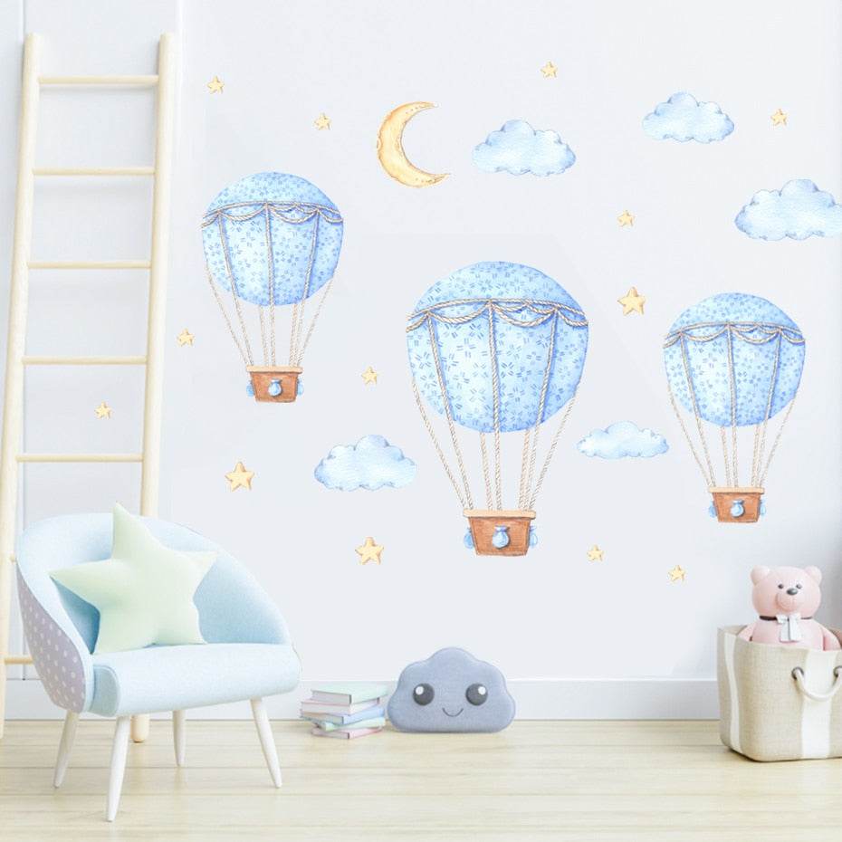 Cartoon Wall Decals Blue Hot Air Balloon
