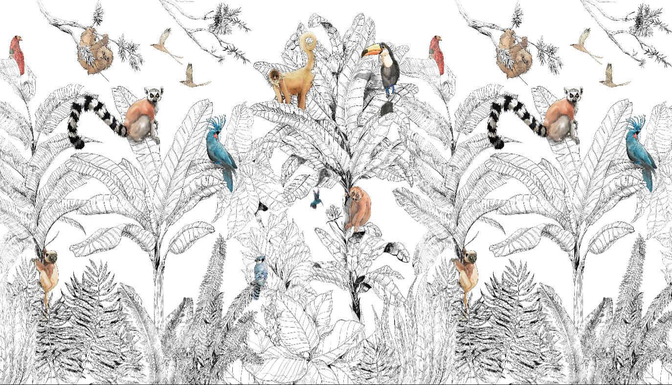 B&W Nature and Colorful Tree Animals Wallpaper Mural