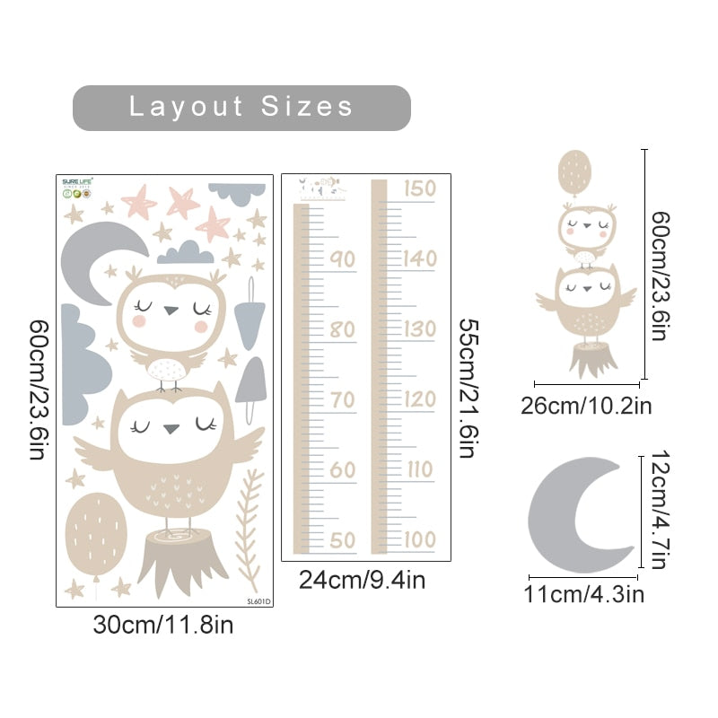 Height Chart Wall Decals Owl Moon Clouds