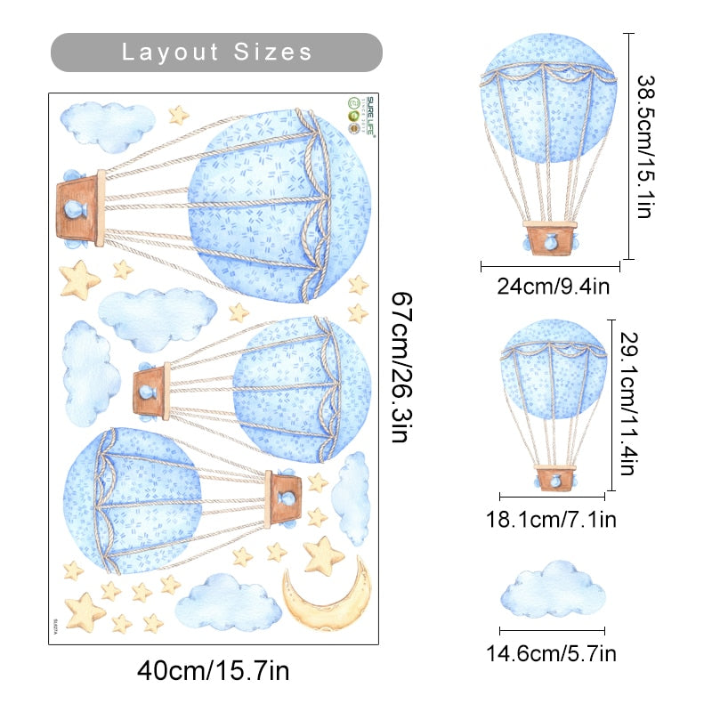Cartoon Wall Decals Blue Hot Air Balloon