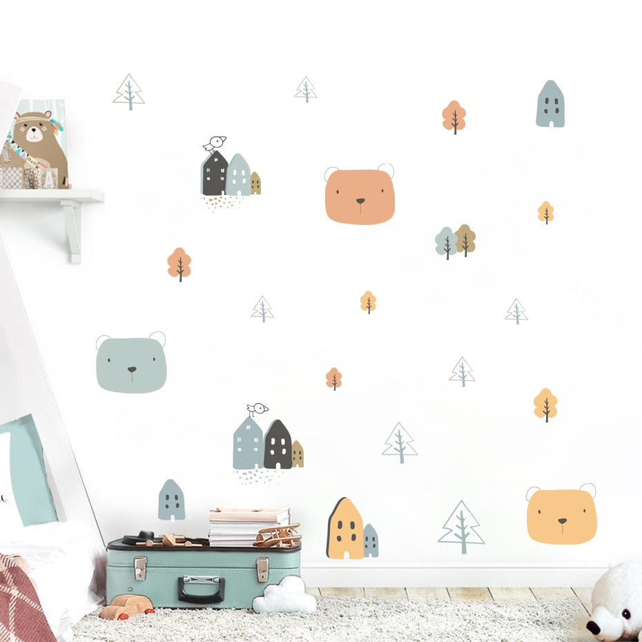 Cartoon Wall Decals House Trees Cute Bears