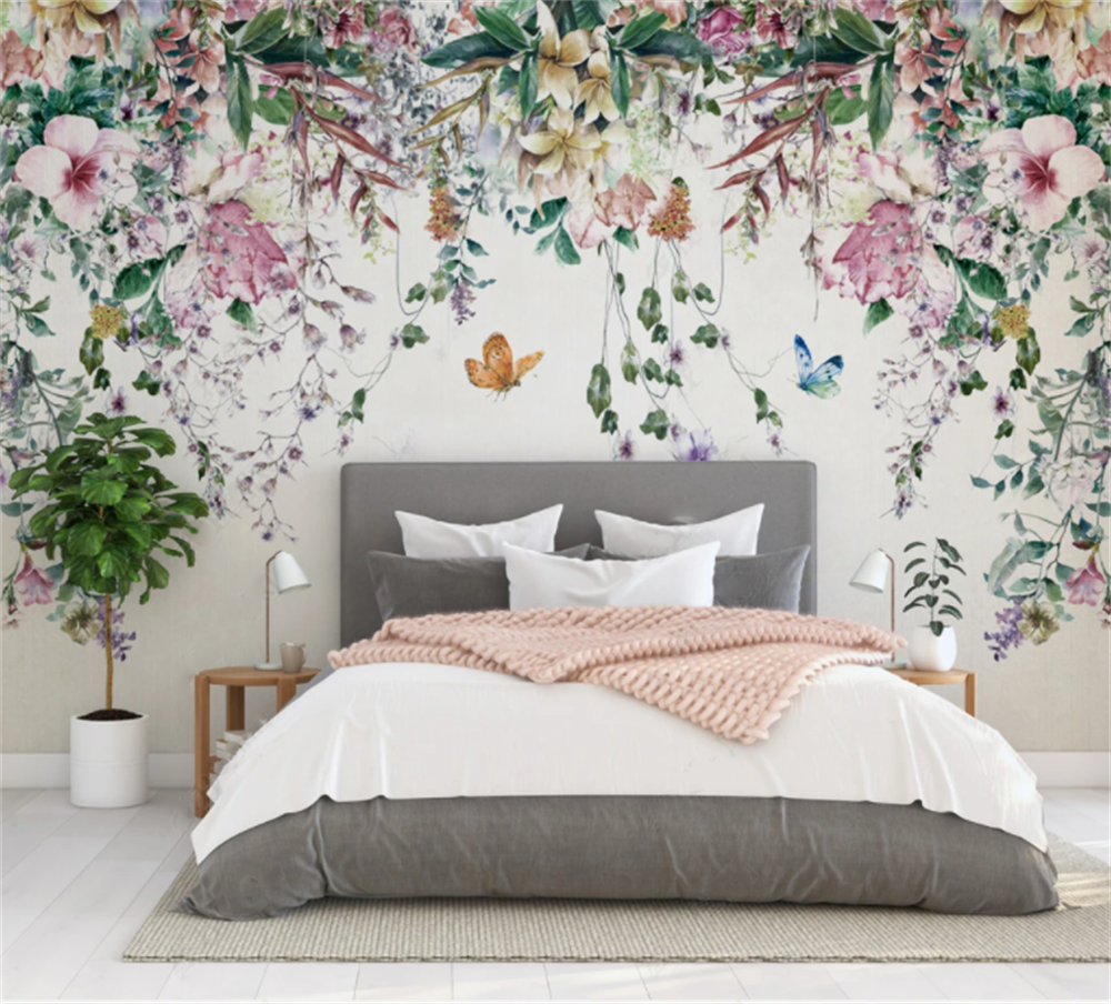 Nordic Watercolor Vine Flowers Wallpaper Mural