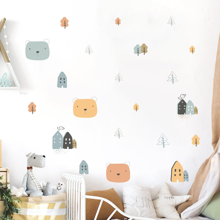 Cartoon Wall Decals House Trees Cute Bears