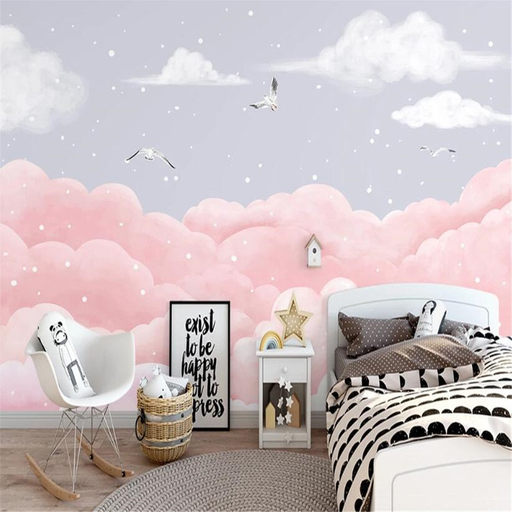 Pink Clouds With Little Birds Wallpaper Mural