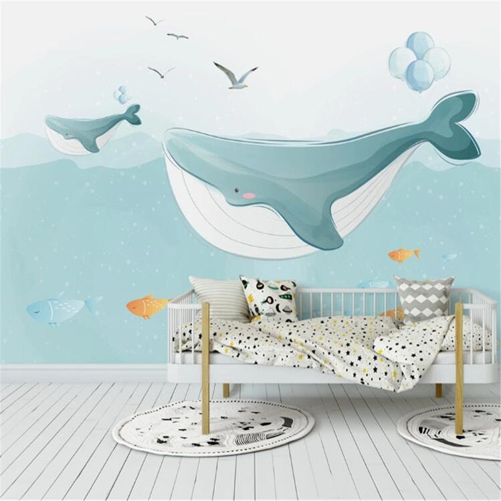 Cute Whales And Seagulls Wallpaper Mural