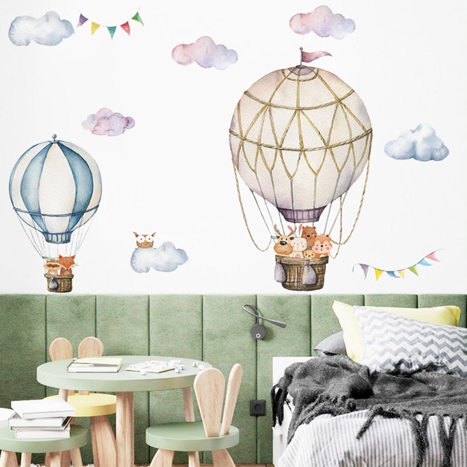 Cartoon Wall Decals Hot Air Balloon Woodland Animals