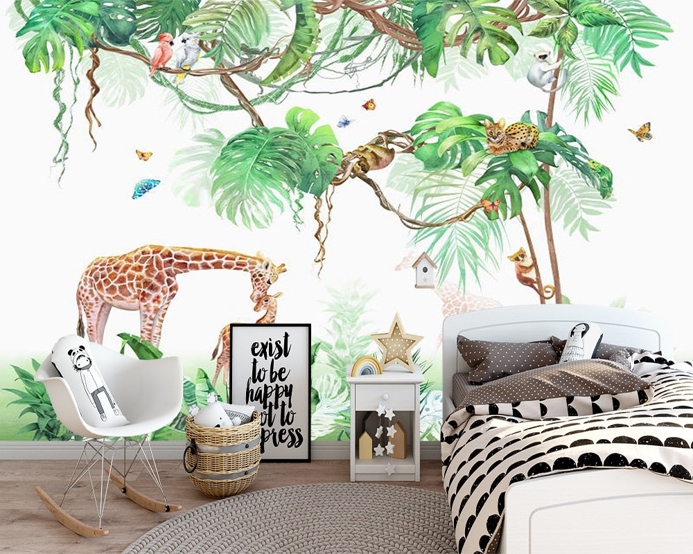 Cartoon Giraffe And Tree Animals Wallpaper Mural
