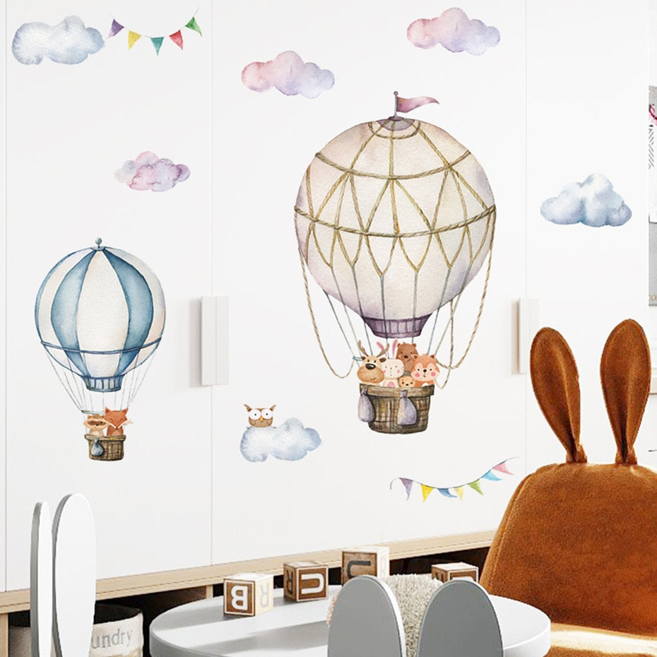 Cartoon Wall Decals Hot Air Balloon Woodland Animals