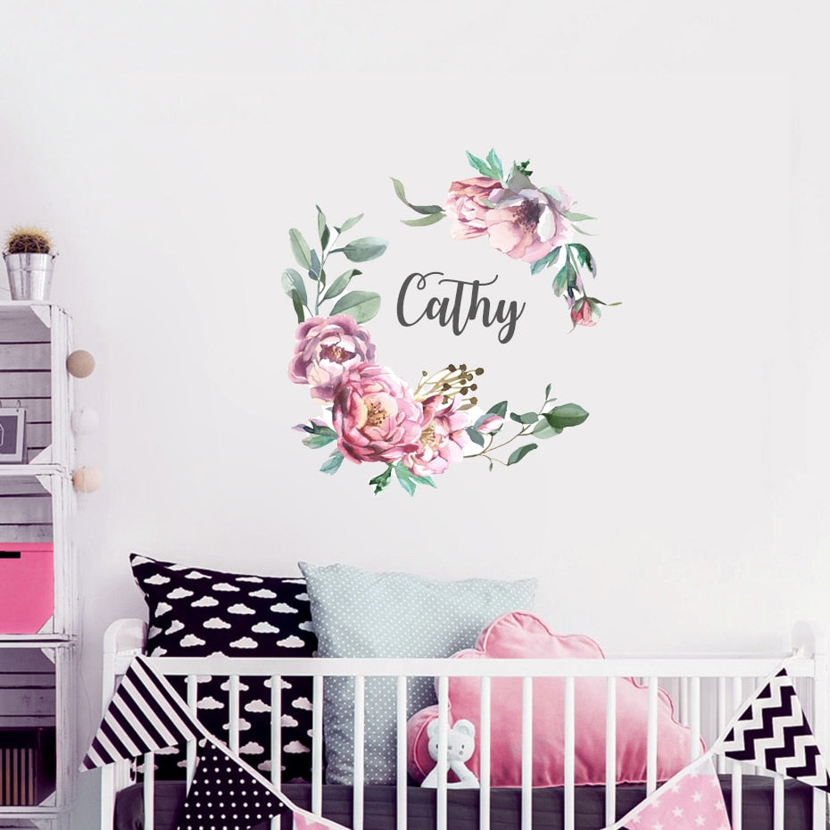 Custom Name Peony Flowers Wall Decals