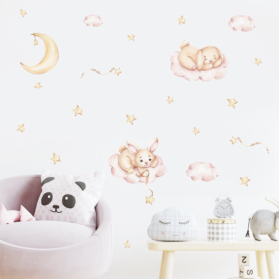 Cartoon Wall Decals Bunny Moon Clouds