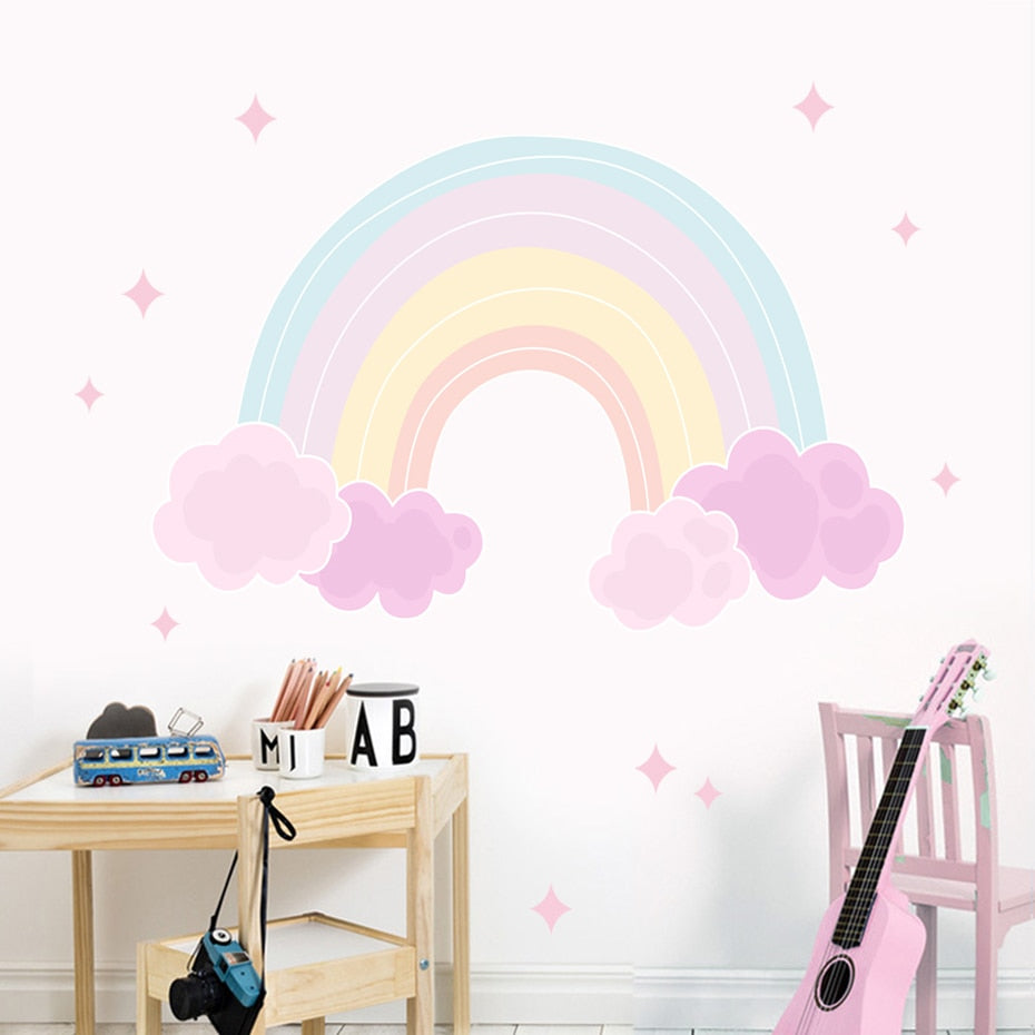 Cartoon Wall Decals Pink Rainbow Clouds Stars