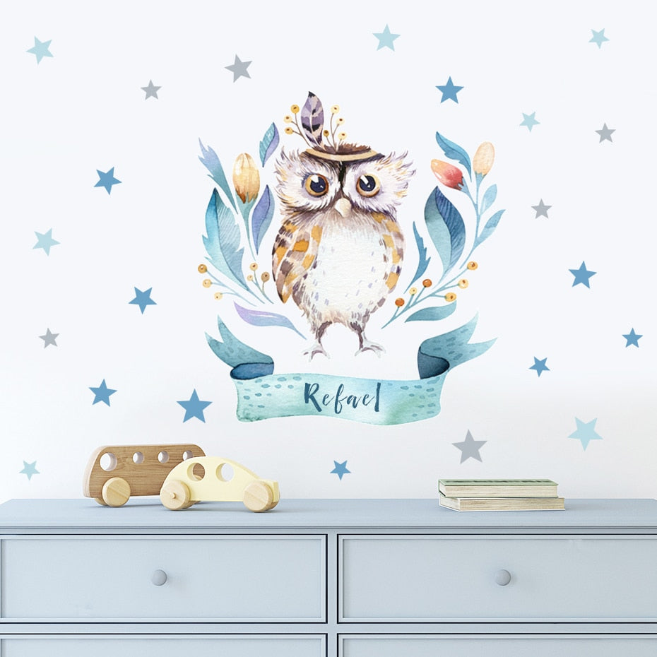 Custom Name Wall Decals Owl Tribe Leaves