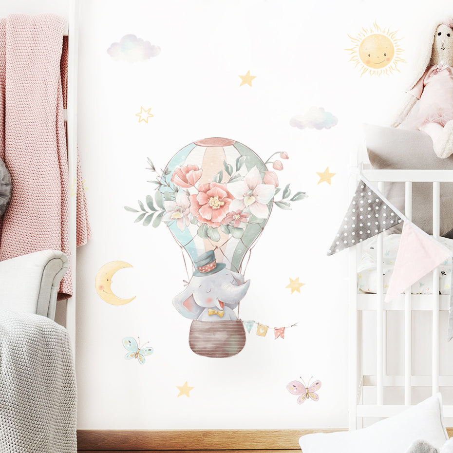 Cartoon Wall Decals Elephant Hot Air Balloon