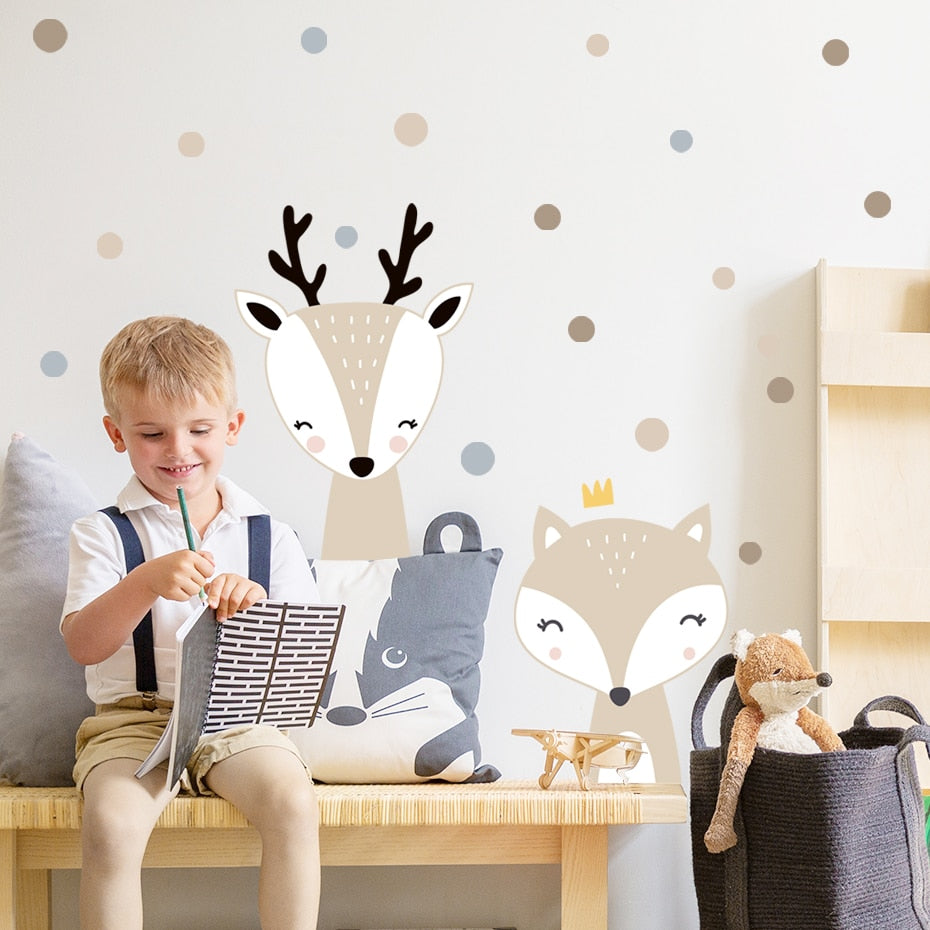 Cartoon Wall Decals Cute Deer Fox Polka Dots